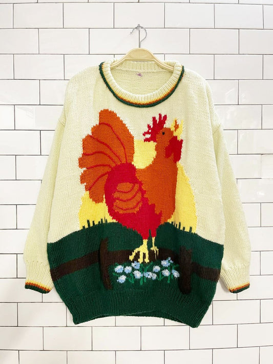 vintage hand - knit fall rooster oversized chunky knit sweater - good market thrift store