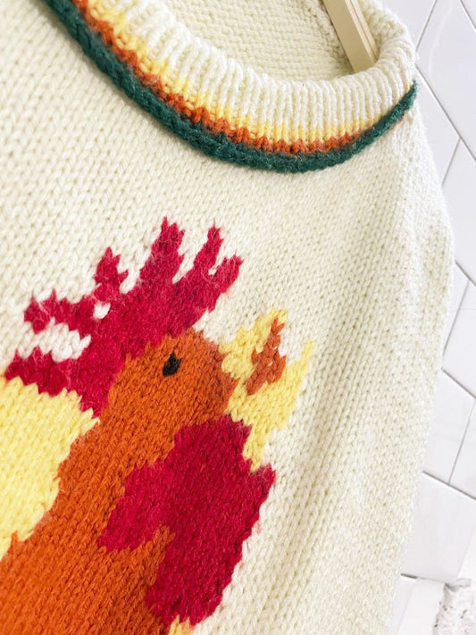 vintage hand - knit fall rooster oversized chunky knit sweater - good market thrift store
