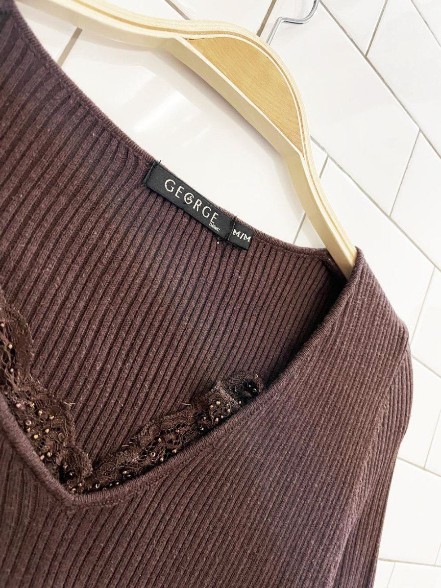 y2k george lace trim ribbed long sleeve top - good market thrift store