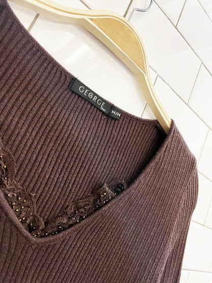 y2k george lace trim ribbed long sleeve top - good market thrift store