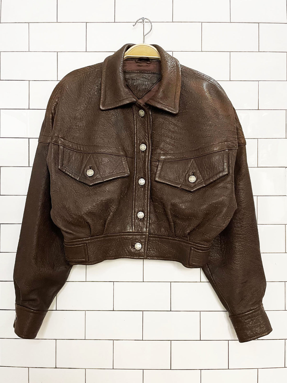 vintage 90s puma soft pebbled leather crop bomber jacket