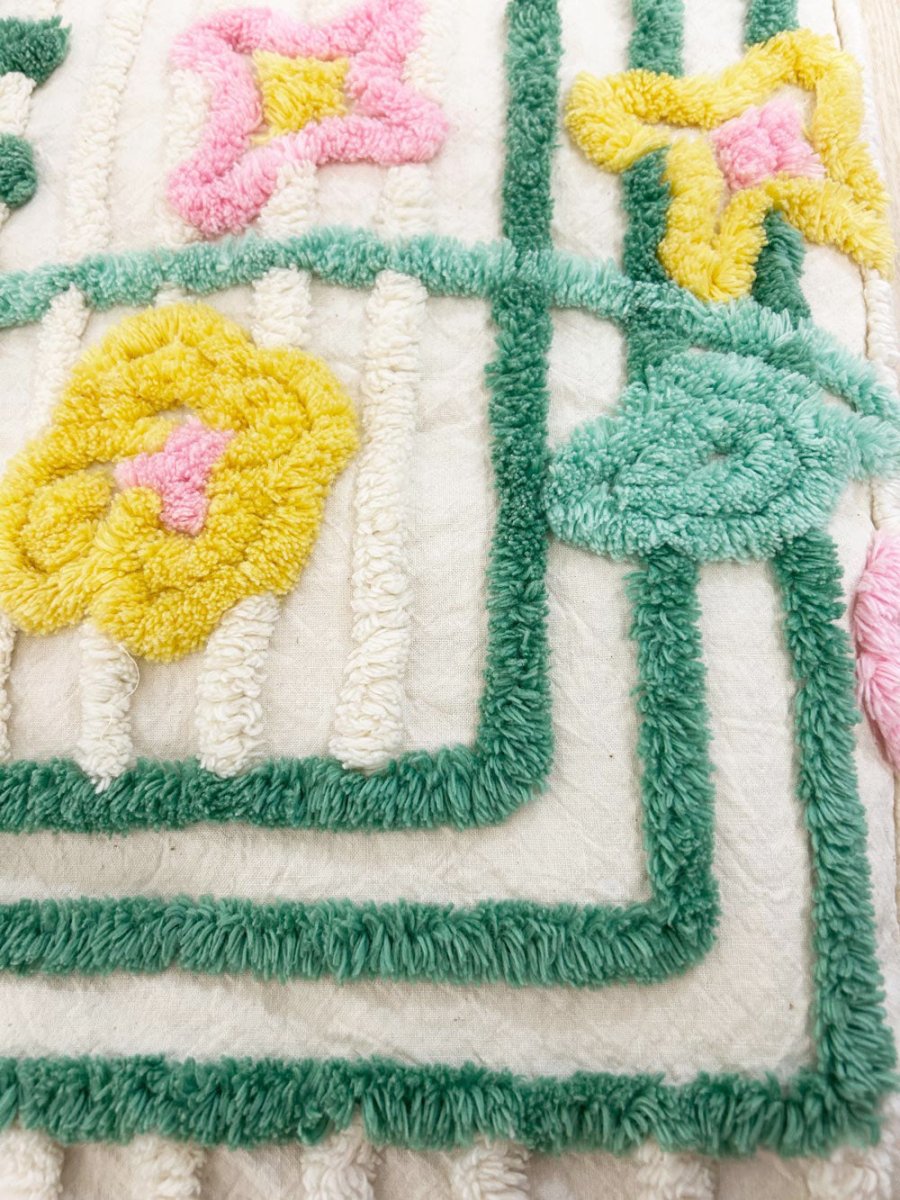 vintage 60s flower garden tufted bedspread - good market thrift store