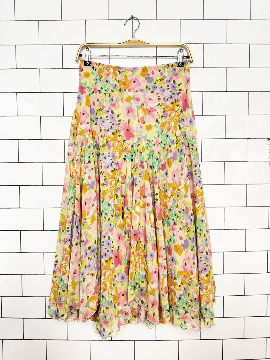 y2k notations floral chiffon curly hem tulip midi skirt