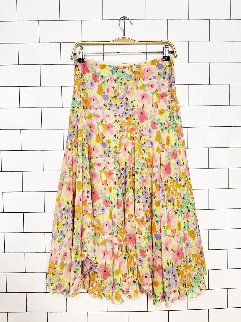 y2k notations floral chiffon curly hem tulip midi skirt