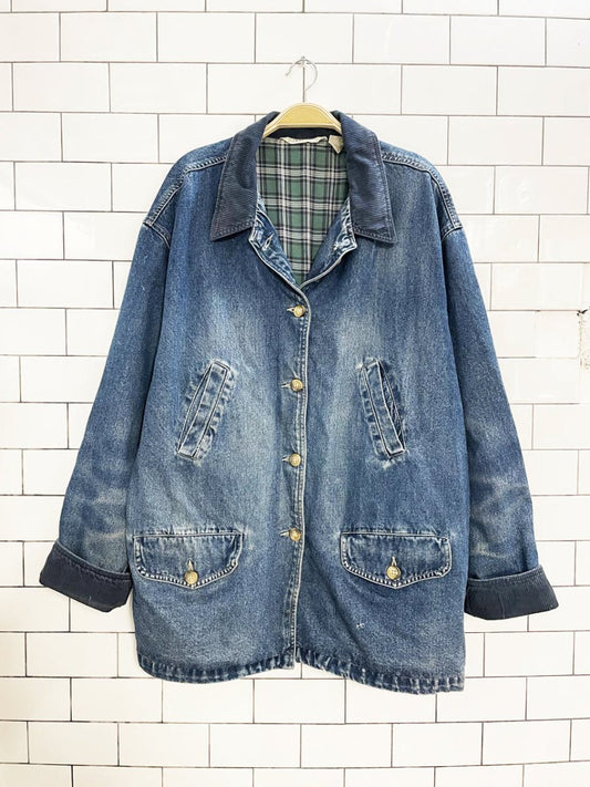 vintage 90s cherokee chunky cord trim denim chore jacket | flannel lined - good market thrift store