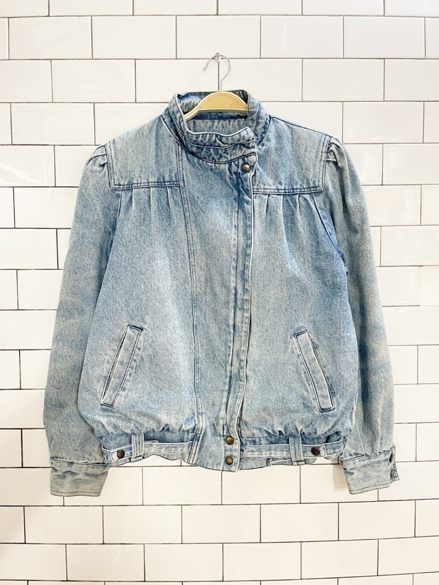 vintage pleated shoulder denim bomber jacket | flannel lined - good market thrift store