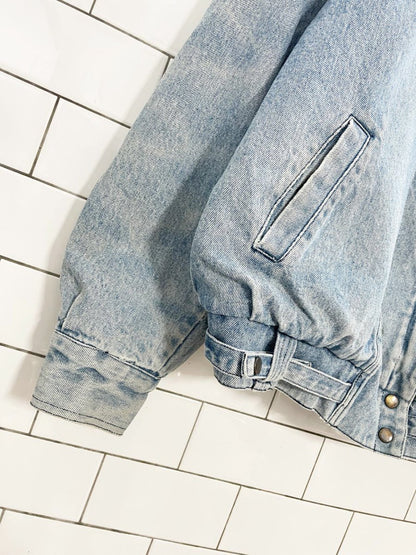 vintage pleated shoulder denim bomber jacket | flannel lined - good market thrift store