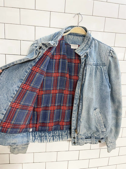 vintage pleated shoulder denim bomber jacket | flannel lined - good market thrift store