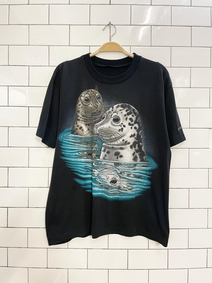 vintage 80s single stitch protect our oceans seal graphic tee | harlequin - good market thrift store