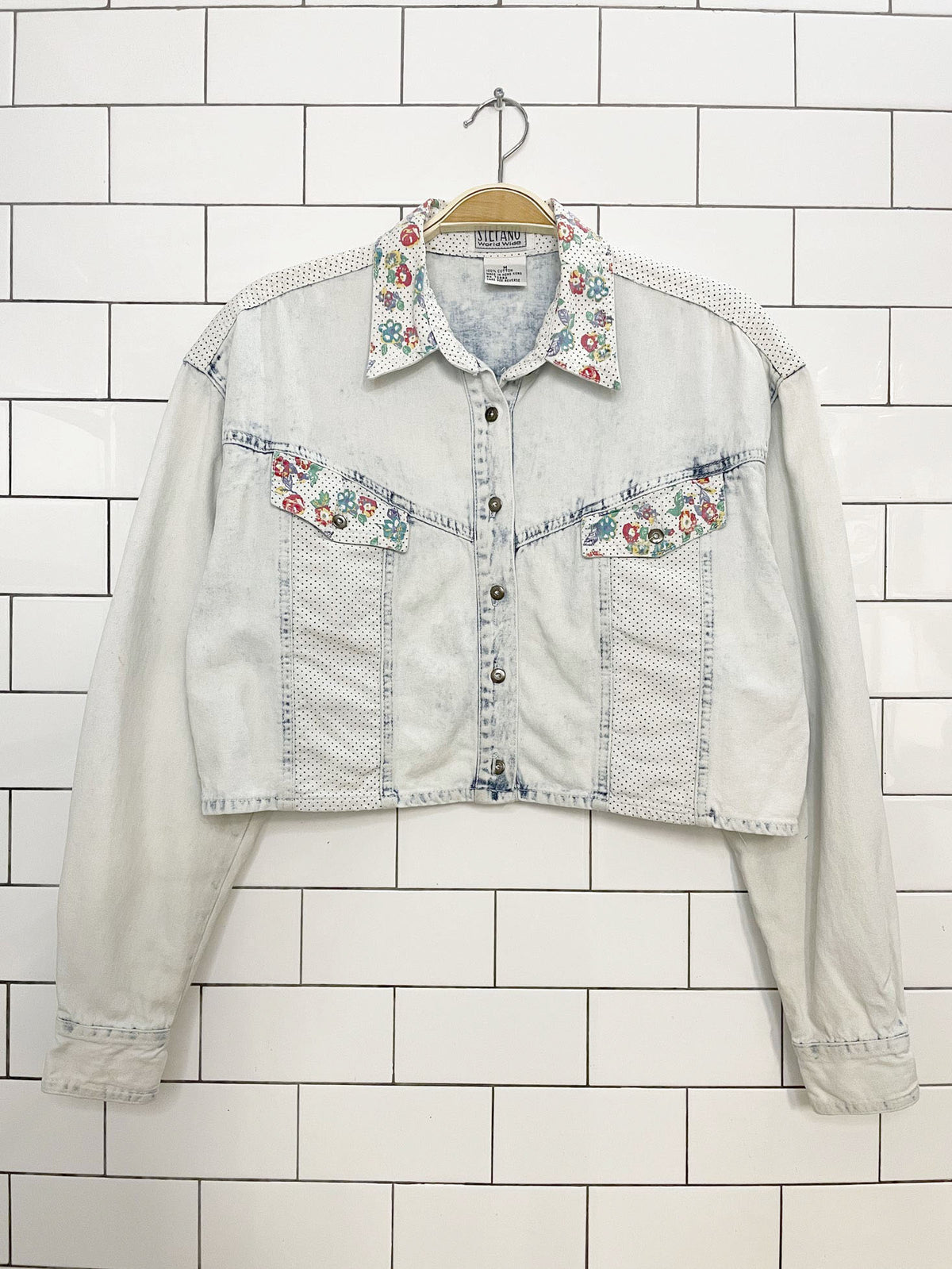 vintage 90s stefano acid wash floral polka dot crop denim jacket