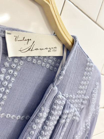 vintage havana blue eyelet bell sleeve romper - good market thrift store