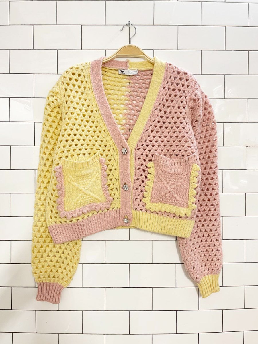 zara wool - blend crochet chunky knit oversized cardigan - good market thrift store