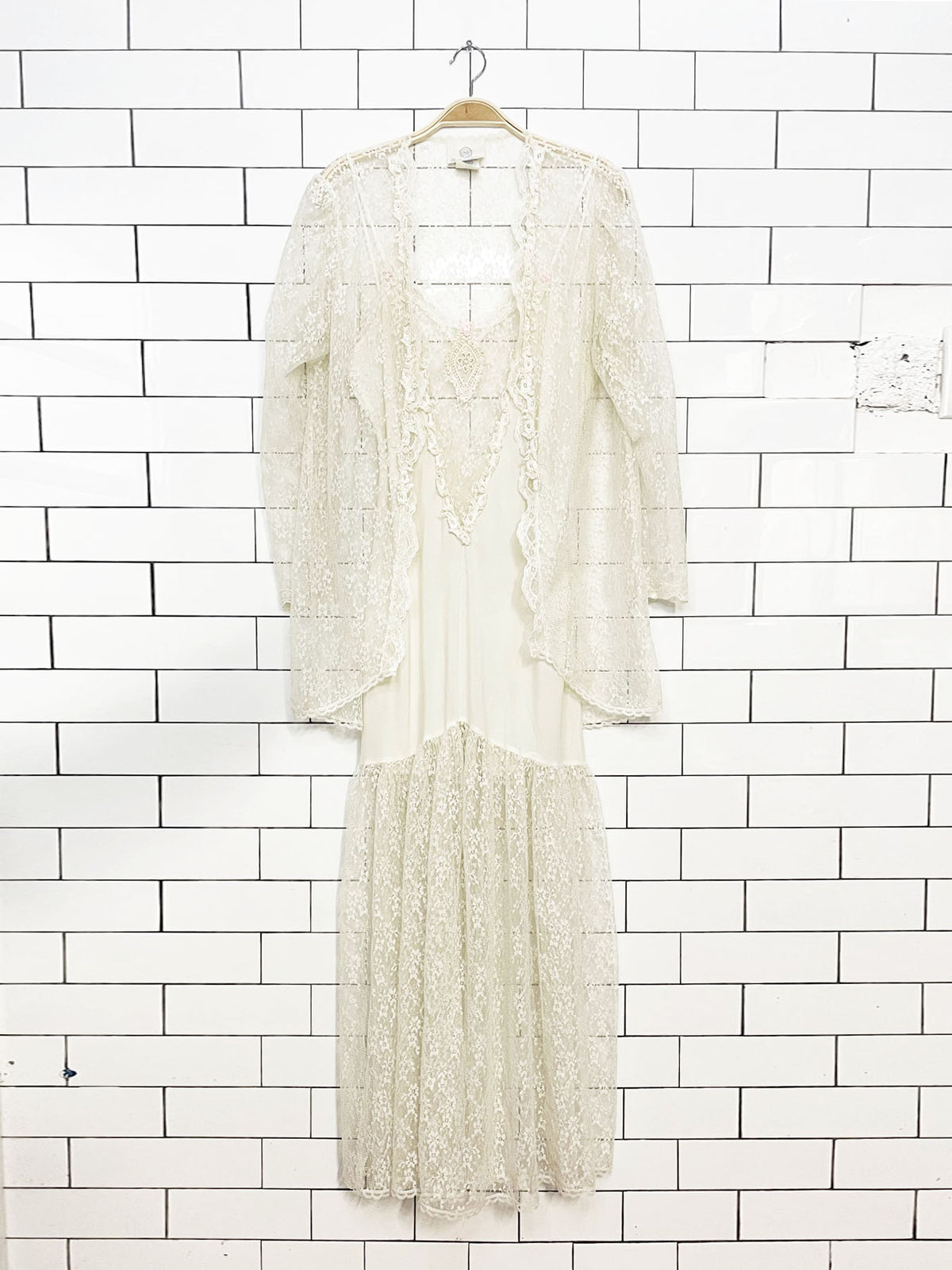 x2 vintage undercover wear lace maxi slip dress + cardigan set | made in USA