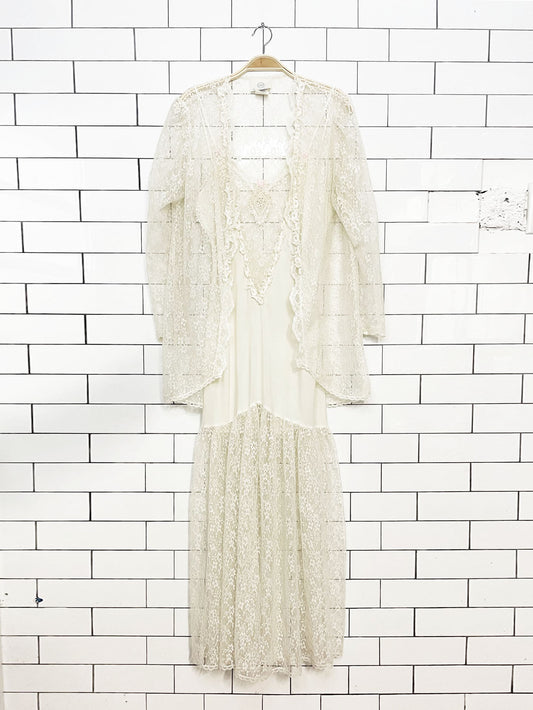 x2 vintage undercover wear lace maxi slip dress + cardigan set | made in USA