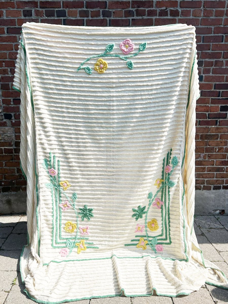 vintage 60s flower garden tufted bedspread - good market thrift store
