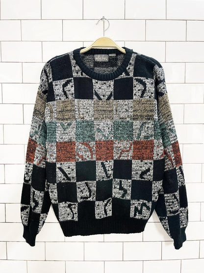vintage 90s geoffrey hayes checkerboard knit dad sweater - good market thrift store