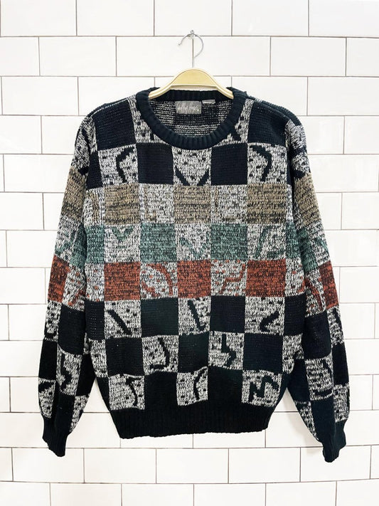 vintage 90s geoffrey hayes checkerboard knit dad sweater - good market thrift store