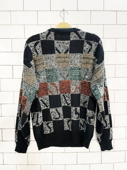 vintage 90s geoffrey hayes checkerboard knit dad sweater - good market thrift store