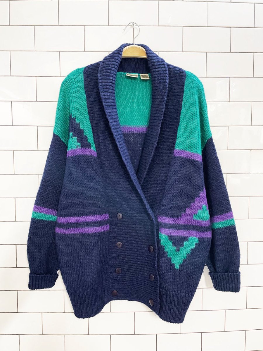 vintage 80s hughes wool - blend western double breasted knit cardigan - good market thrift store