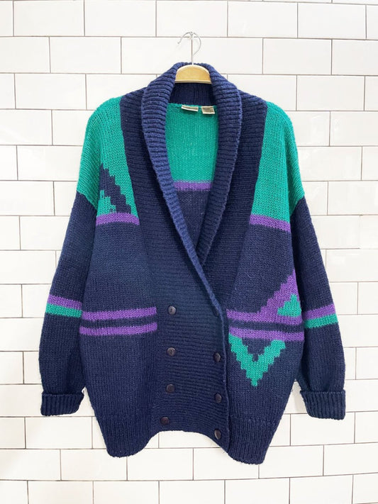 vintage 80s hughes wool - blend western double breasted knit cardigan - good market thrift store
