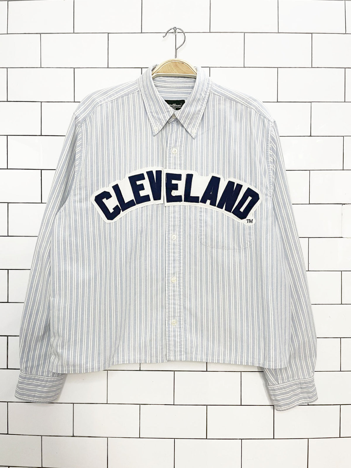 vintage eddie bauer x cleveland sporty prep blue stripe cropped shirt | rework