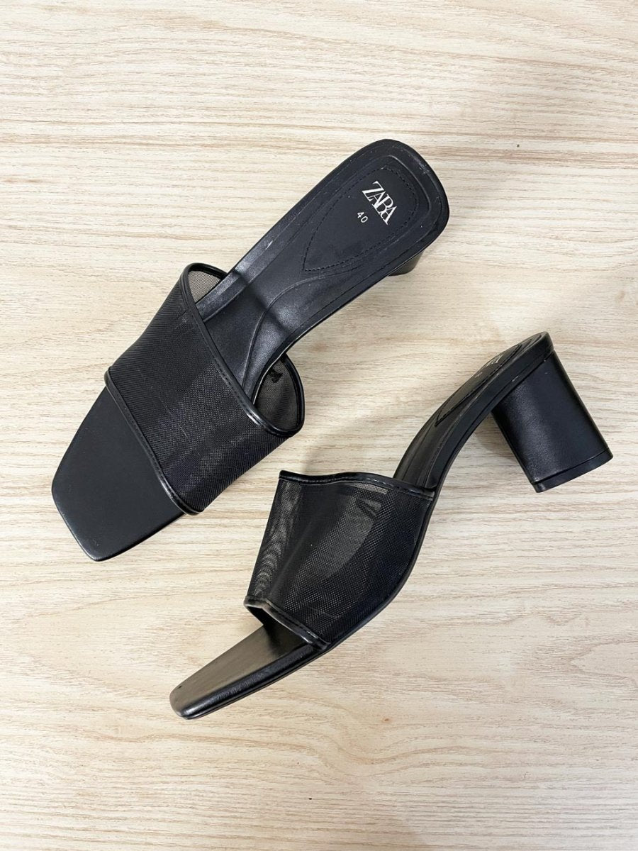 zara black mesh heeled sandals - good market thrift store