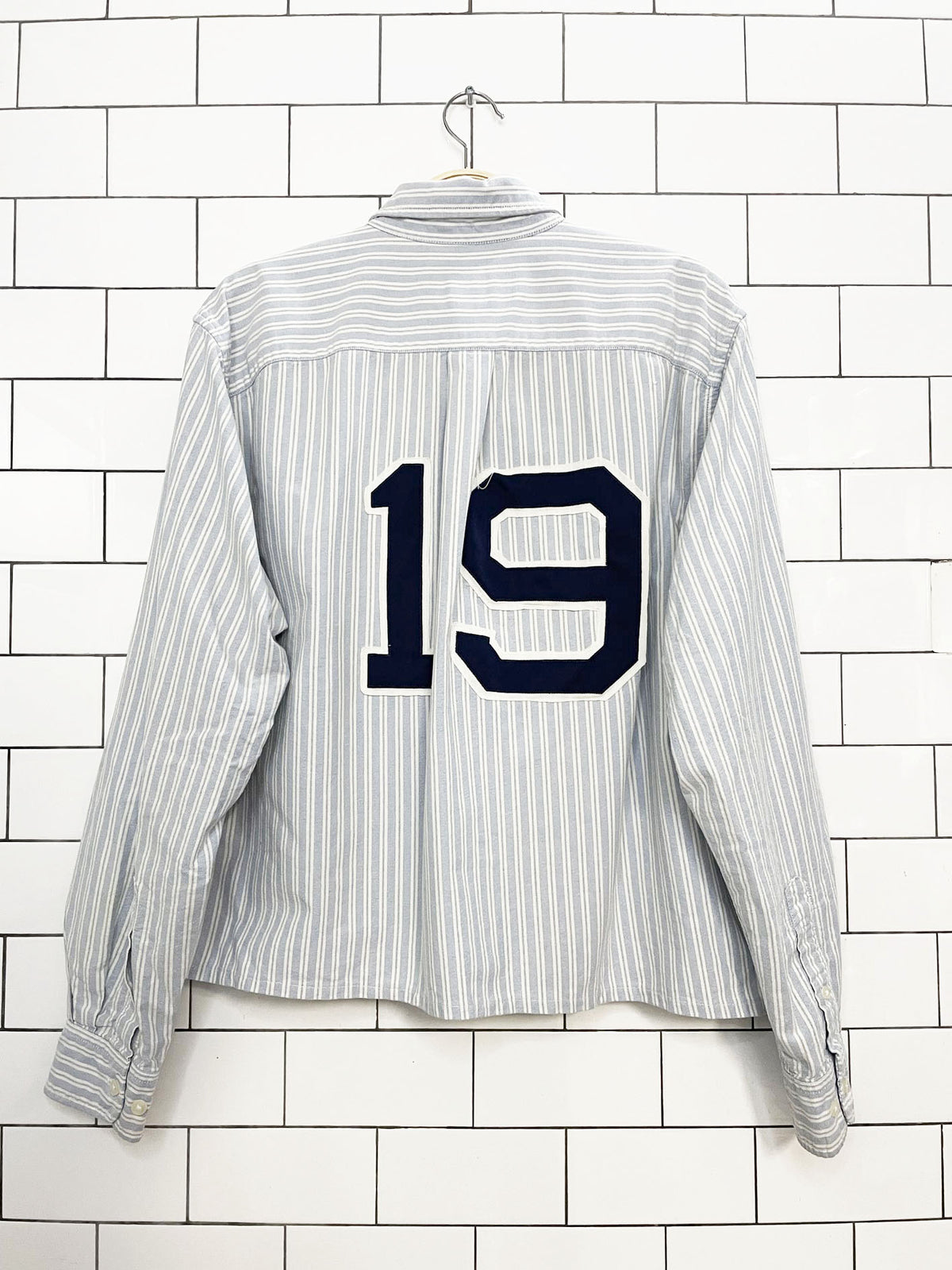vintage eddie bauer x cleveland sporty prep blue stripe cropped shirt | rework