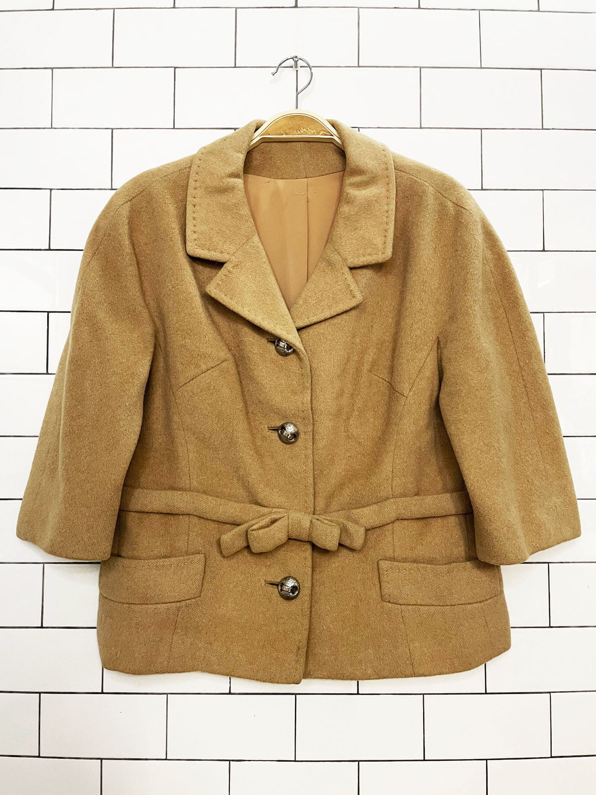 vintage 70s 100% camel hair bow belted 3/4 sleeve jacket | made in England