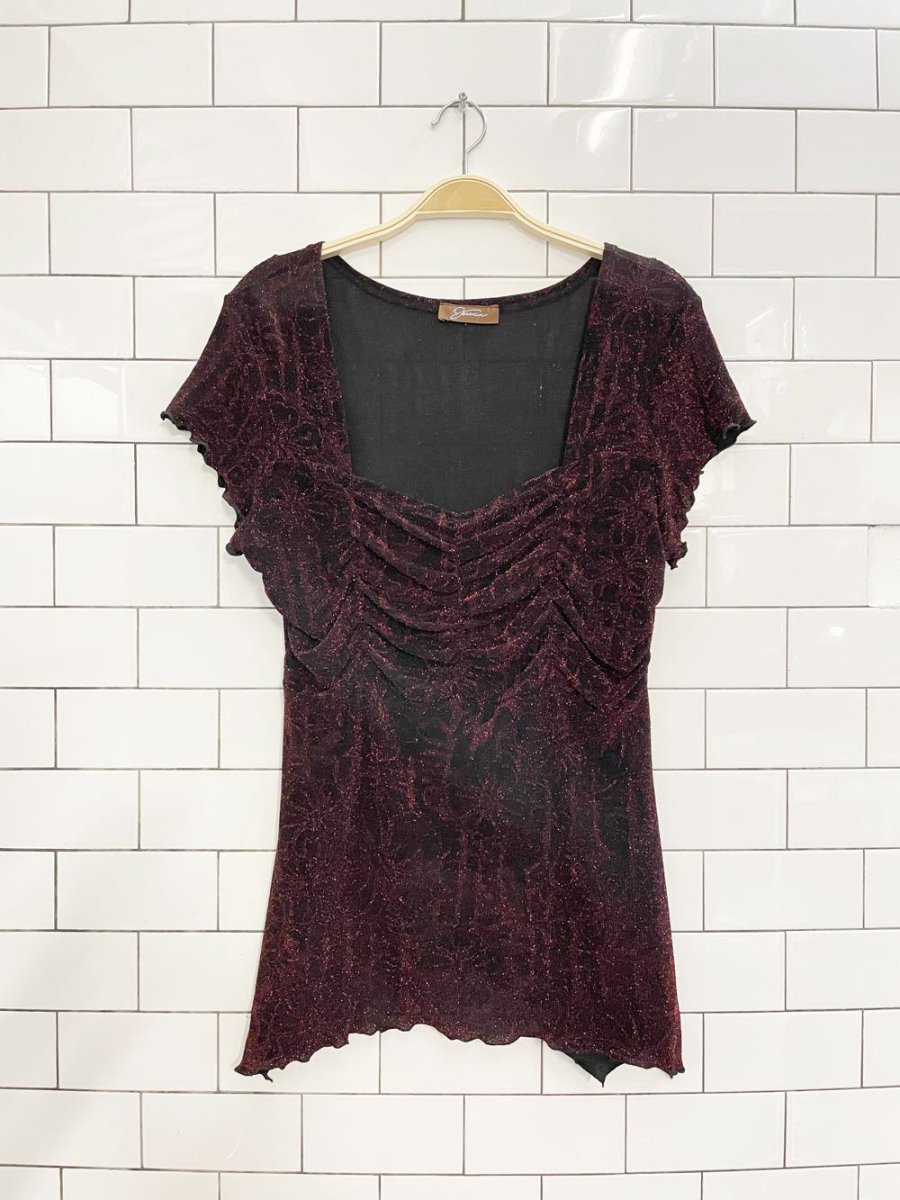 y2k jessica floral sparkly ruched curly hem top - good market thrift store
