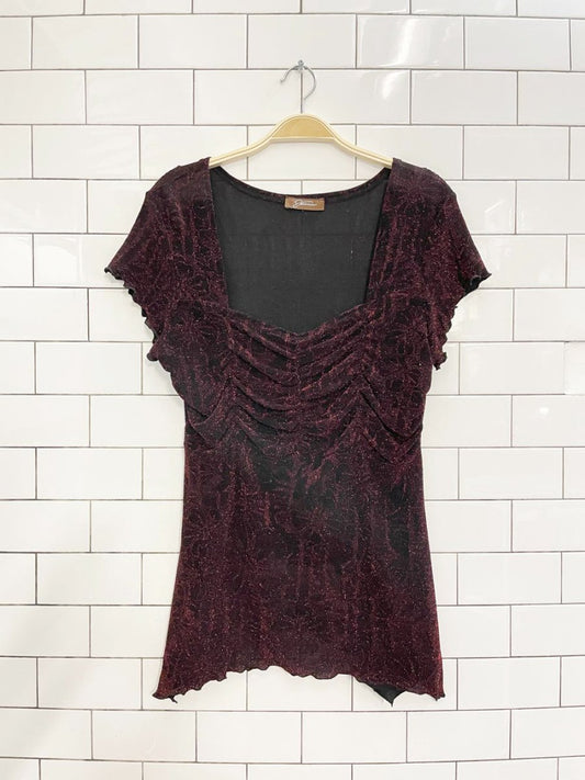 y2k jessica floral sparkly ruched curly hem top - good market thrift store