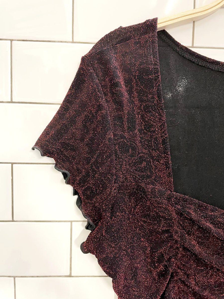 y2k jessica floral sparkly ruched curly hem top - good market thrift store