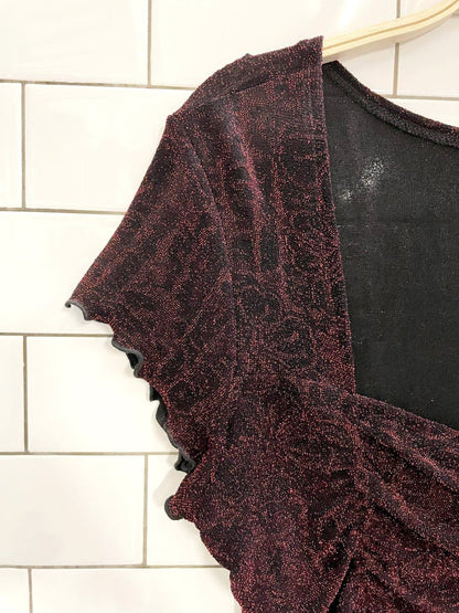 y2k jessica floral sparkly ruched curly hem top - good market thrift store