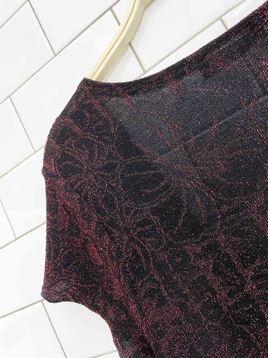 y2k jessica floral sparkly ruched curly hem top - good market thrift store