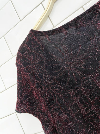 y2k jessica floral sparkly ruched curly hem top - good market thrift store