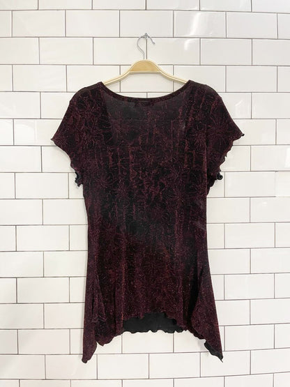 y2k jessica floral sparkly ruched curly hem top - good market thrift store