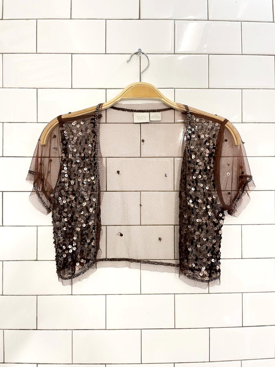 y2k suzy shier sequin mesh open crop cardi - good market thrift store