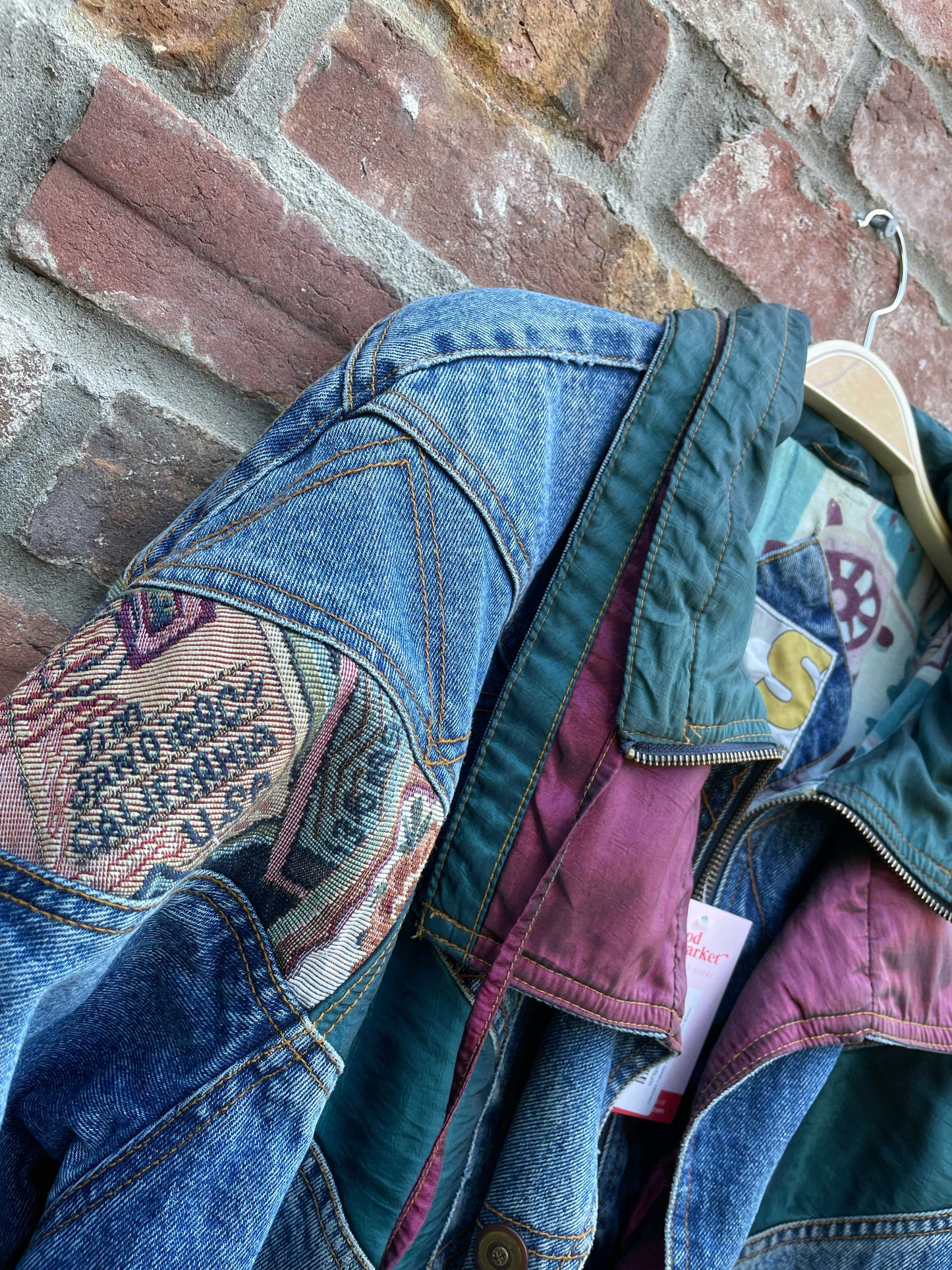 vintage currentseen denim tapestry patchwork jacket
