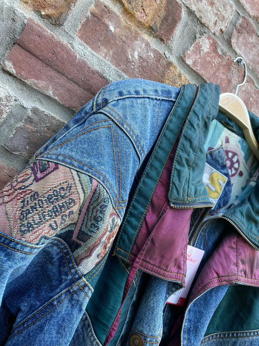 vintage currentseen denim tapestry patchwork jacket