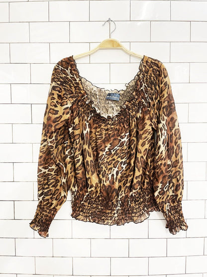 y2k burke avenue animal print chiffon off shoulder blouse - good market thrift store