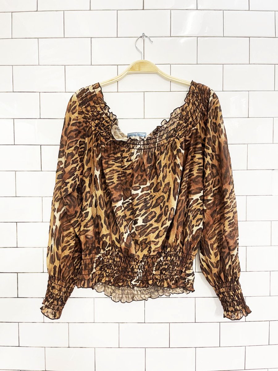 y2k burke avenue animal print chiffon off shoulder blouse - good market thrift store
