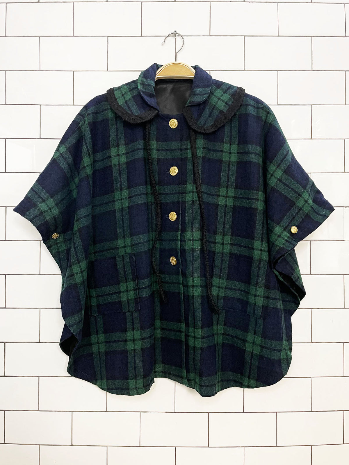 vintage plaid wool gold button hooded cape
