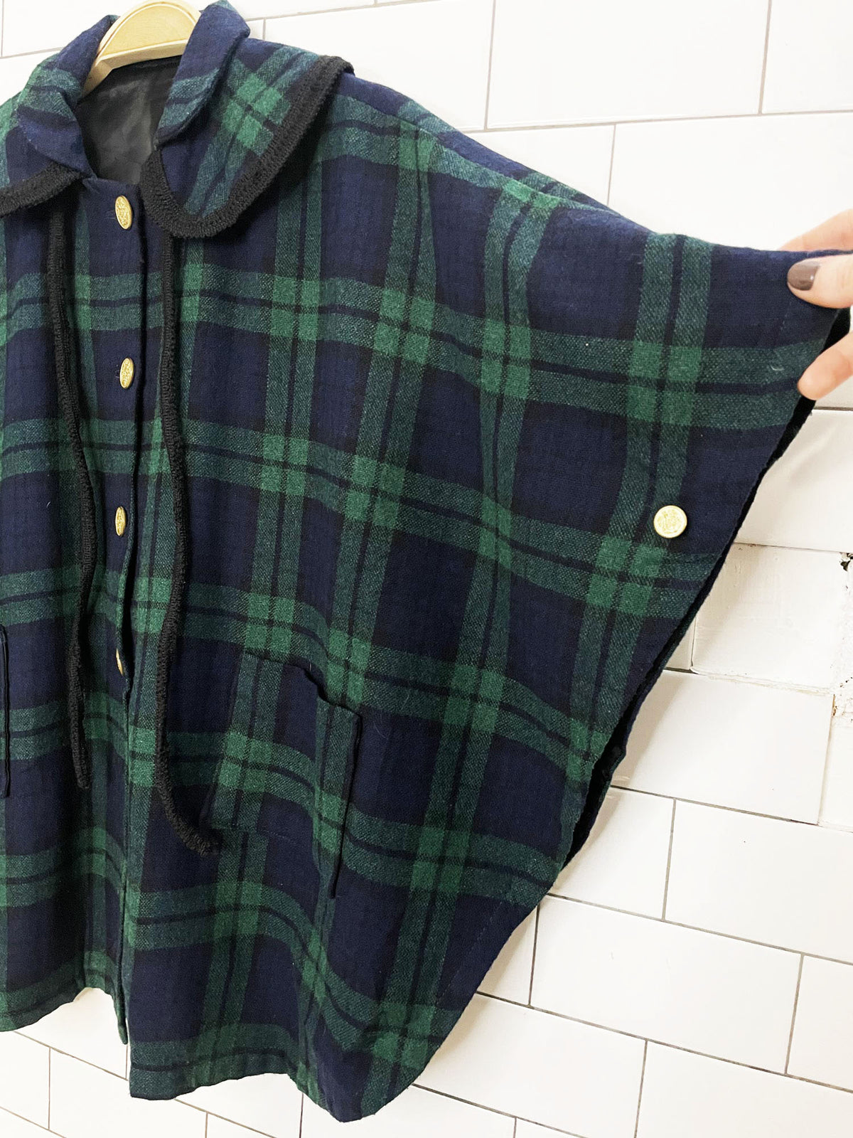 vintage plaid wool gold button hooded cape