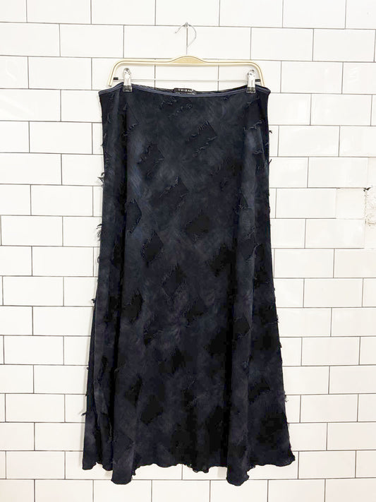 y2k tribal patchwork fringe stretch maxi skirt