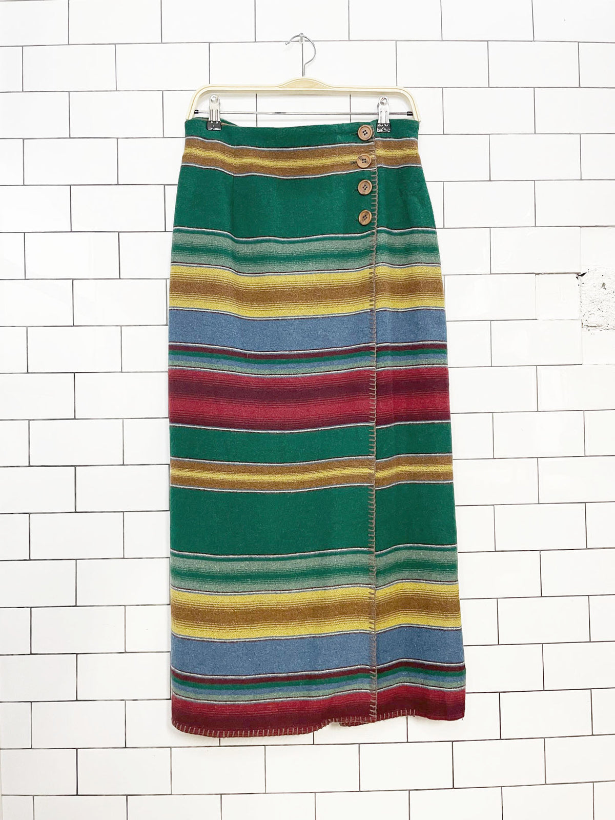 vintage breeches wool-blend southwestern blanket stitch wrap maxi skirt | made in USA