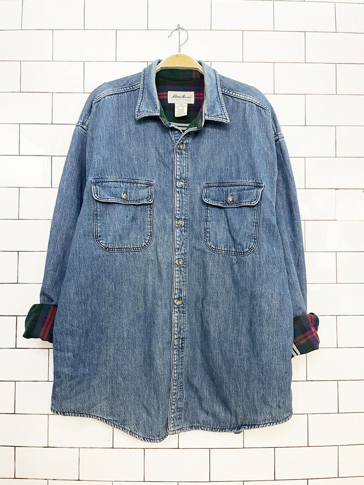 vintage eddie bauer flannel lined soft denim full button shirt | made in USA