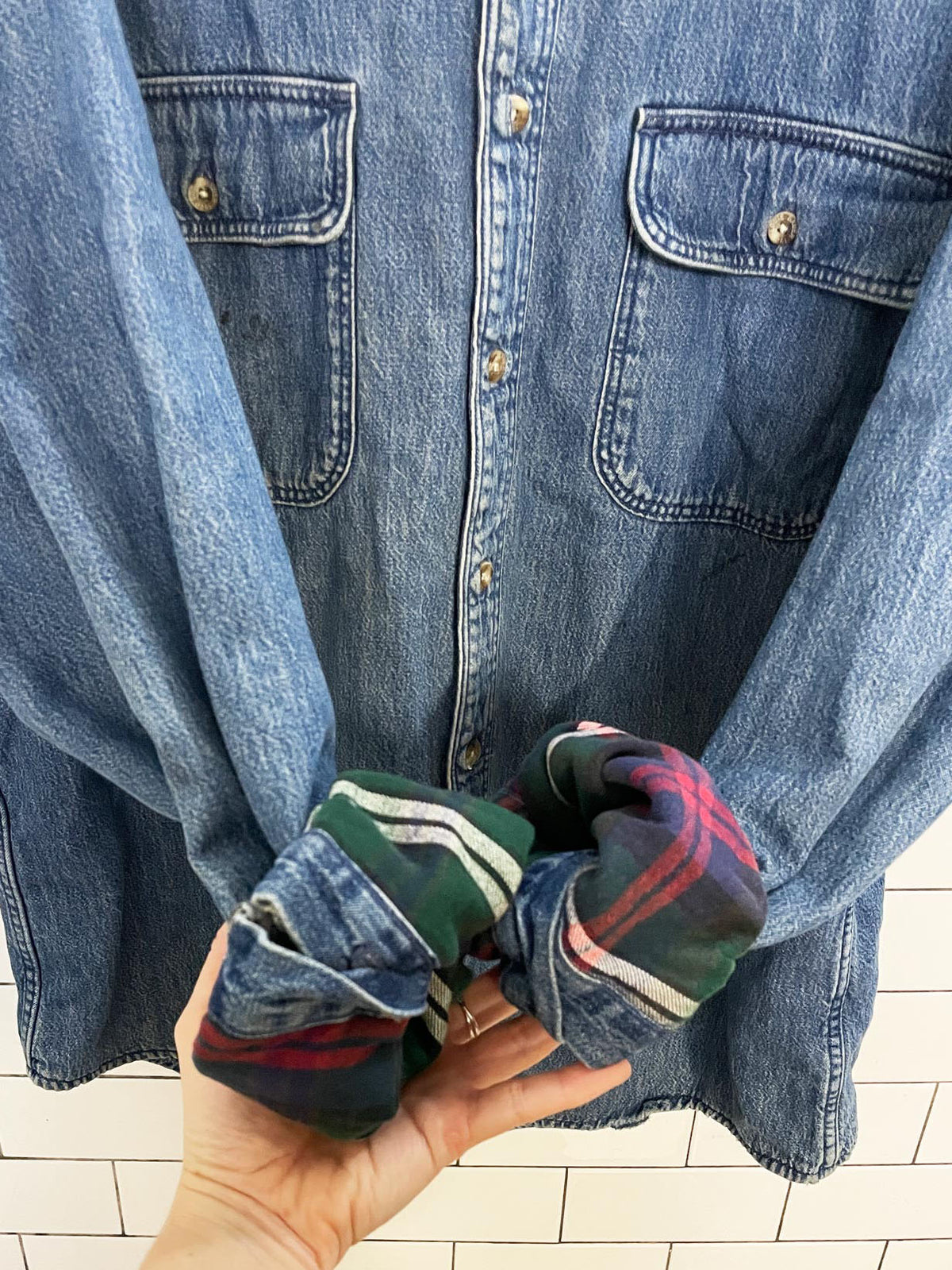 vintage eddie bauer flannel lined soft denim full button shirt | made in USA
