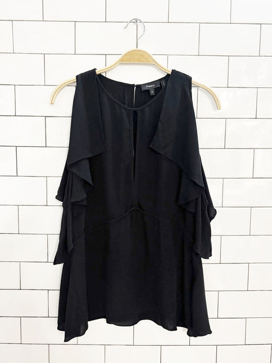 theory 100% silk flutter shoulder sleeveless blouse