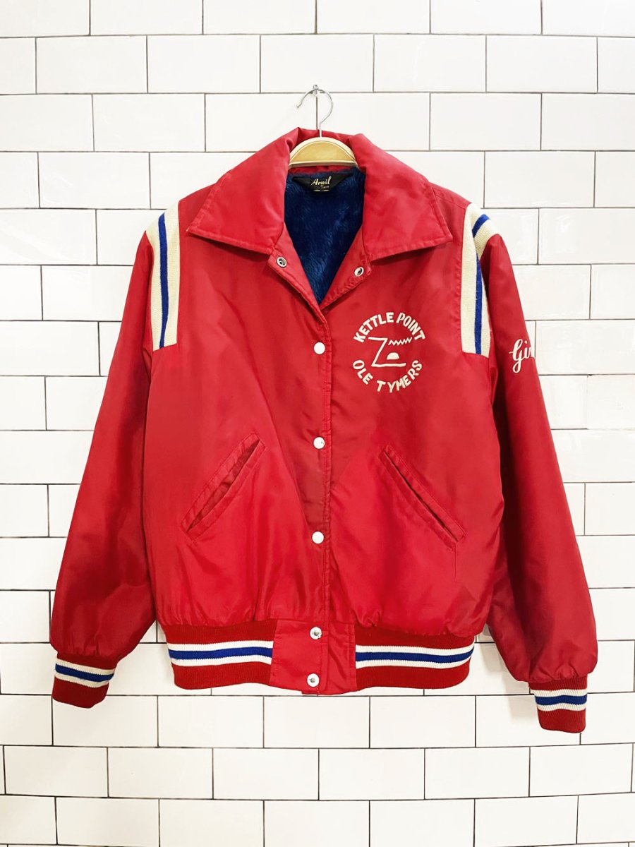 vintage ole tymers "gina 1 fan" varsity bomber jacket | sherpa lined - good market thrift store