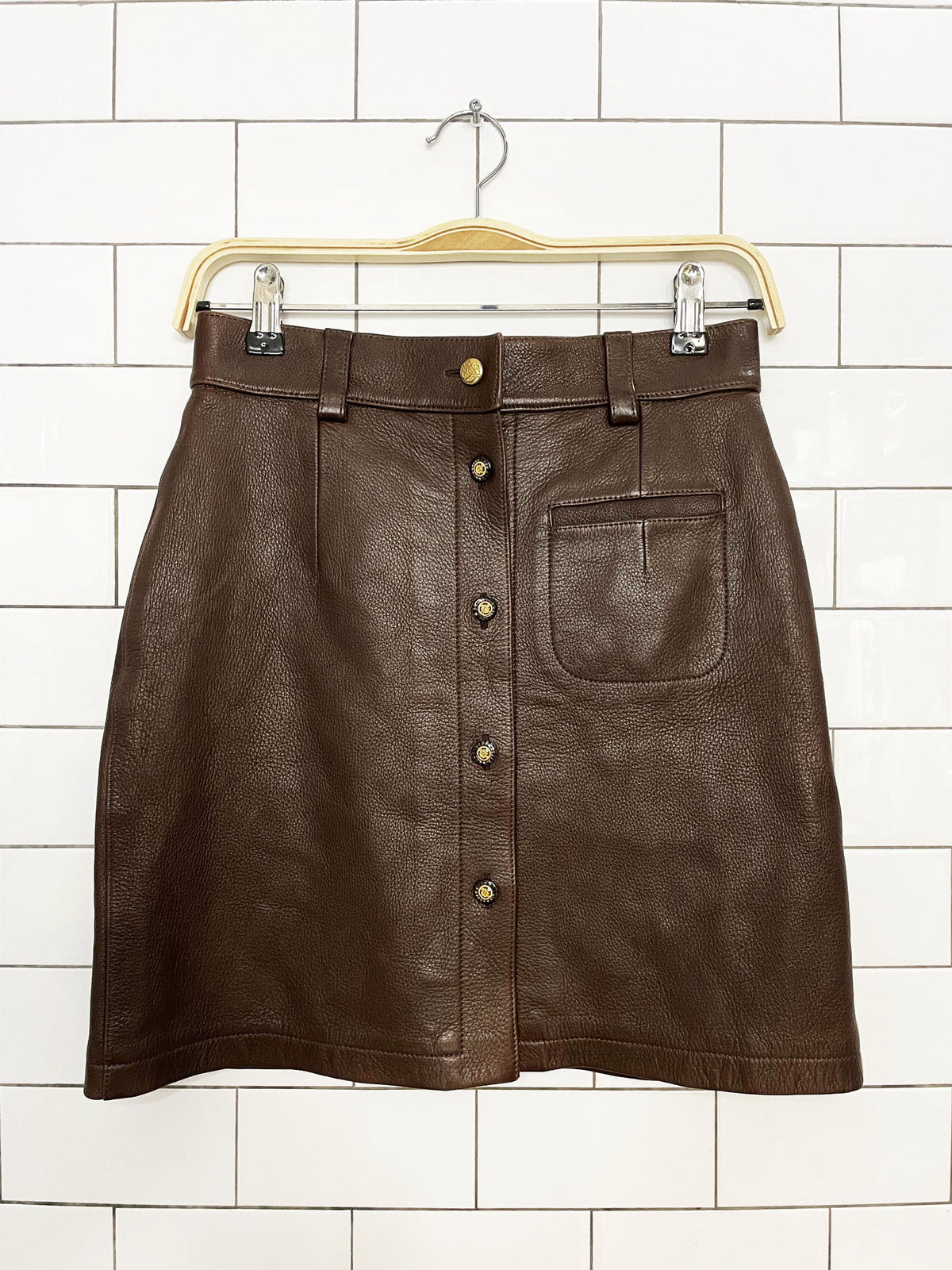 vintage 90s anne klein butter leather full button mini skirt | a line