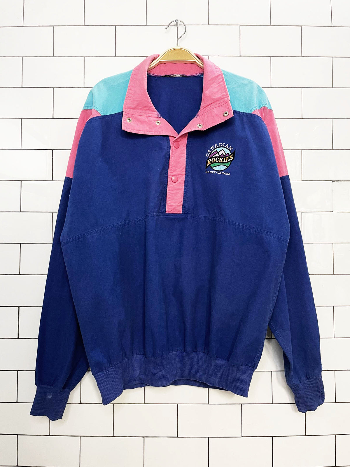 vintage canadian rockies banff 1/2 snap button colour block long sleeve top
